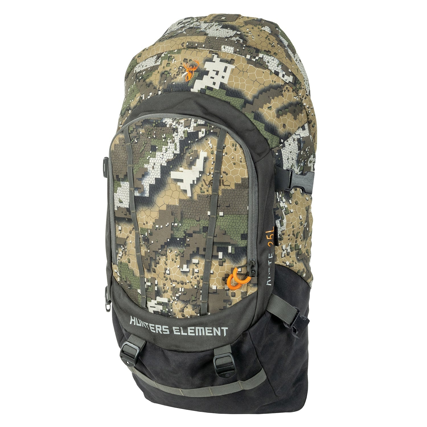 A 25-liter capacity hunting pack with a camouflage pattern, featuring multiple pockets, a rifle scabbard, and branding elements.