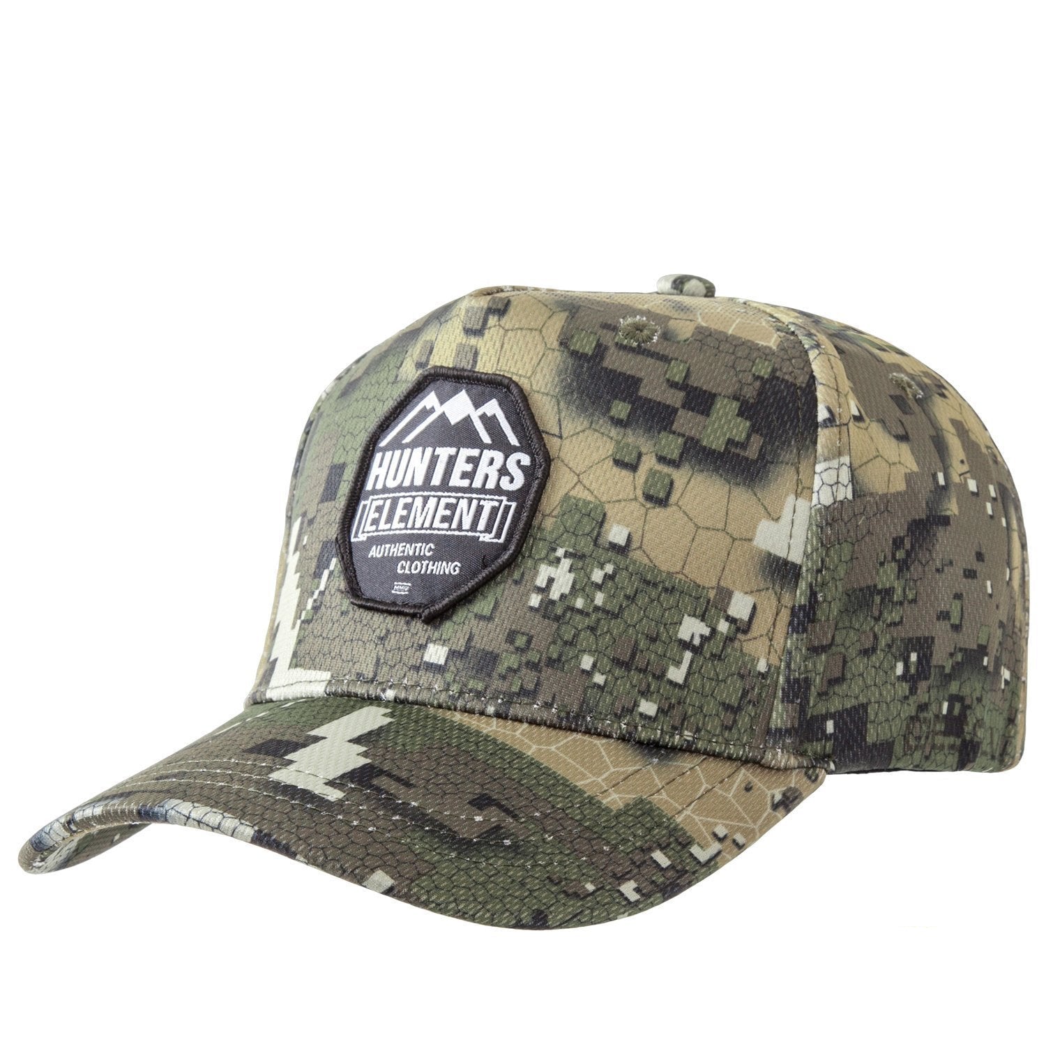 A camouflage baseball cap with 'Hunters Element' branding on the front, featuring a distressed design and the text 'DESOLVE VEIL' on the side.