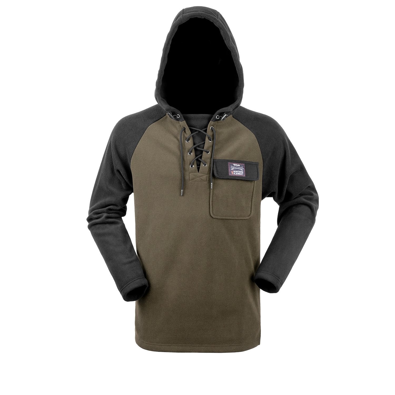 A green TOA Hunter-Gatherer hooded sweatshirt with a hood, featuring a traditional laced neck adjustment and a domed chest pocket.