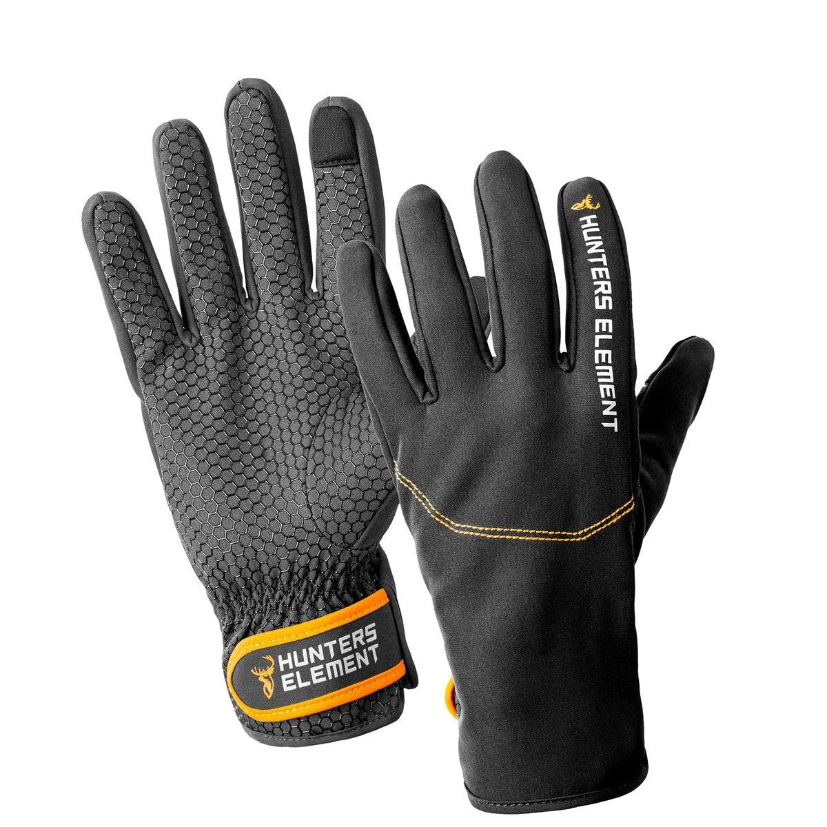 Pair of black and gray gloves with ' Hunters Element' branding on a white background.