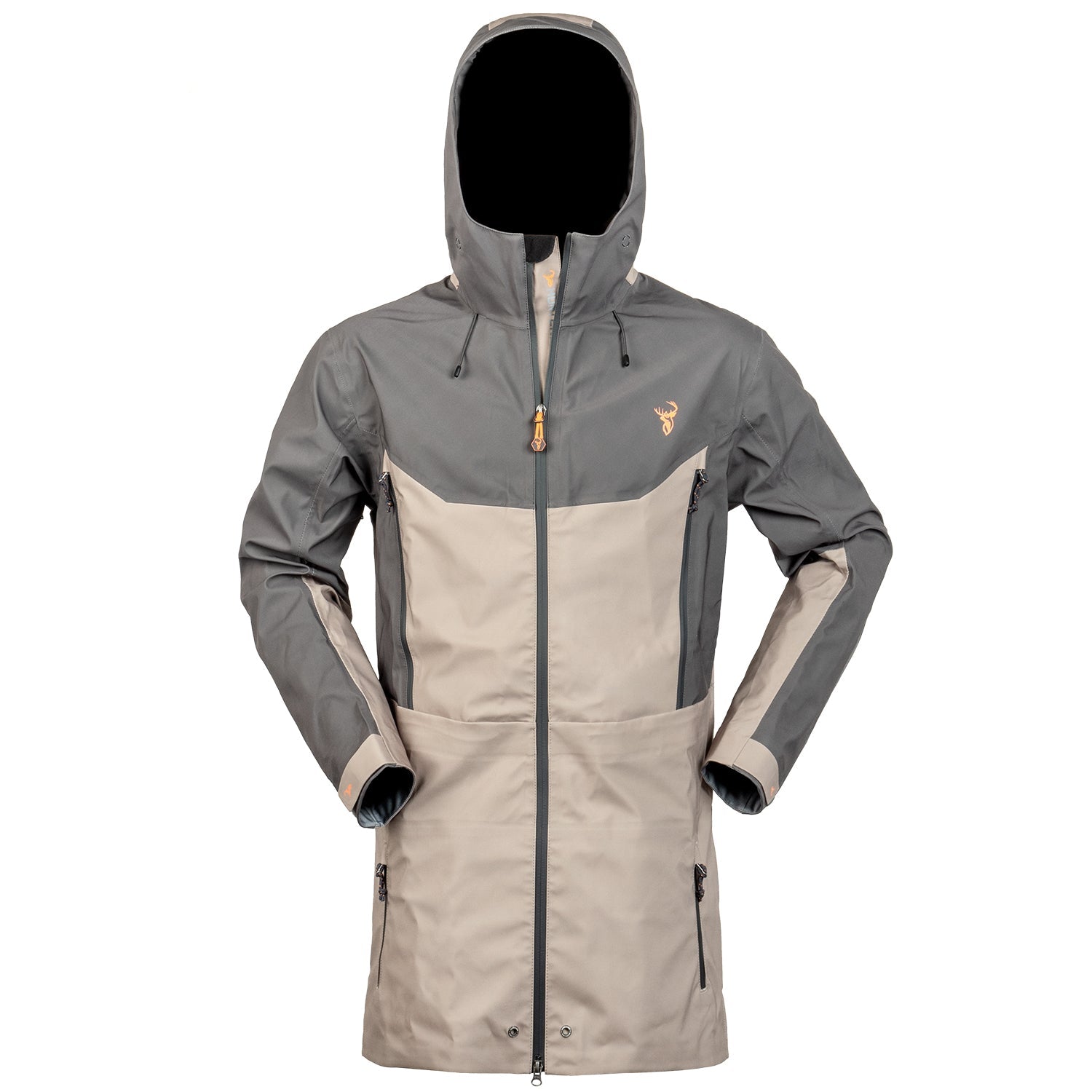 A gray and beige Atlas Jacket with a hood, featuring multiple zippered pockets, a TunnelTECH hood, and a Cohaesive cord lock. The jacket is displayed with a label indicating it is made from 27 recycled plastic bottles.