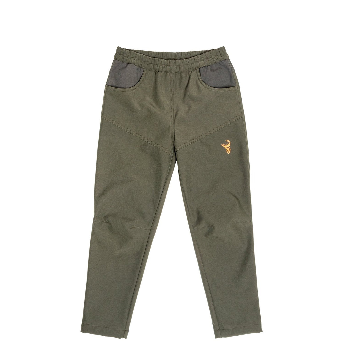 A pair of kids' camouflage hunting pants made from recycled plastic bottles, featuring a mid-waist rise and elasticated waistband.