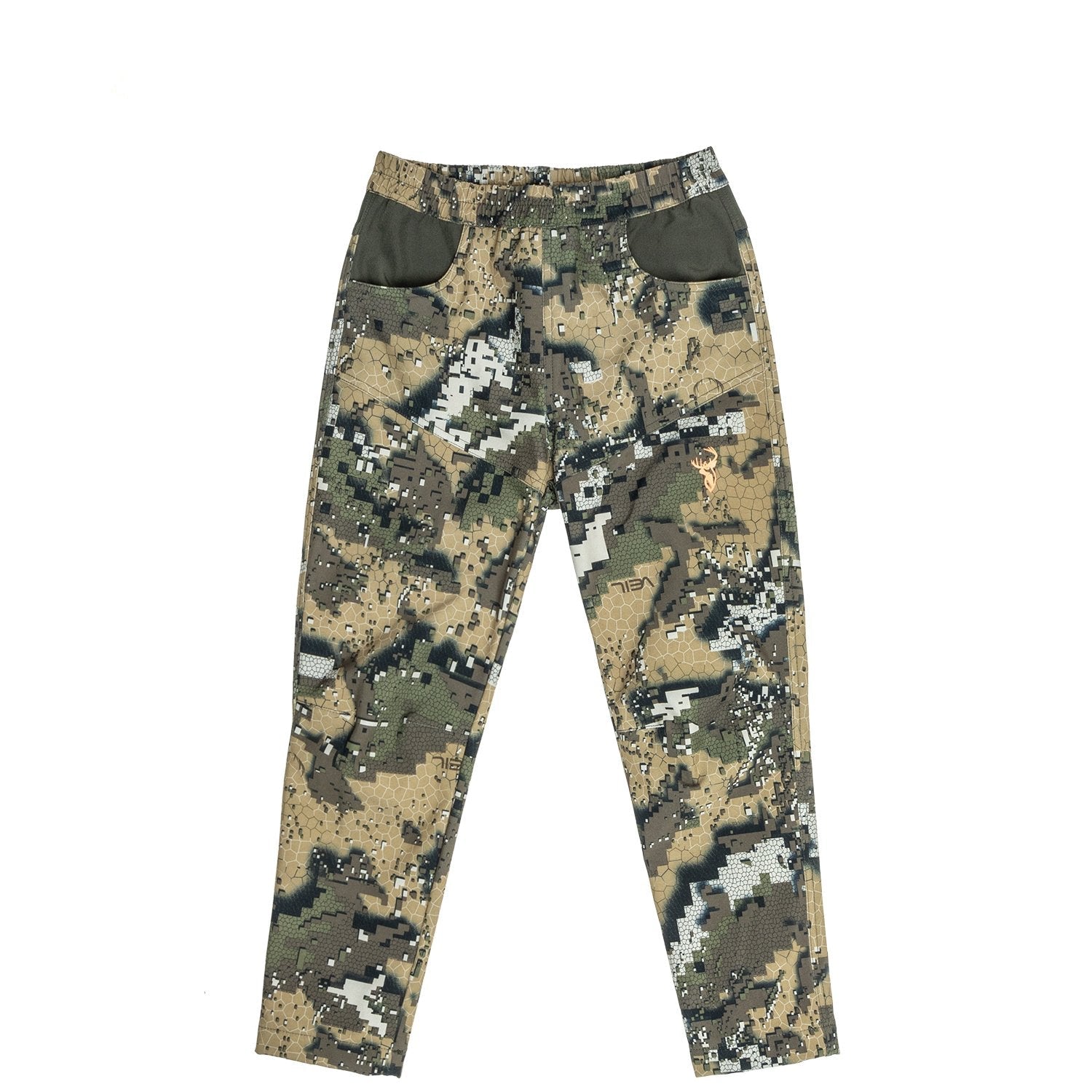 A pair of kids' camouflage hunting pants made from recycled plastic bottles, featuring a mid-waist rise and elasticated waistband.