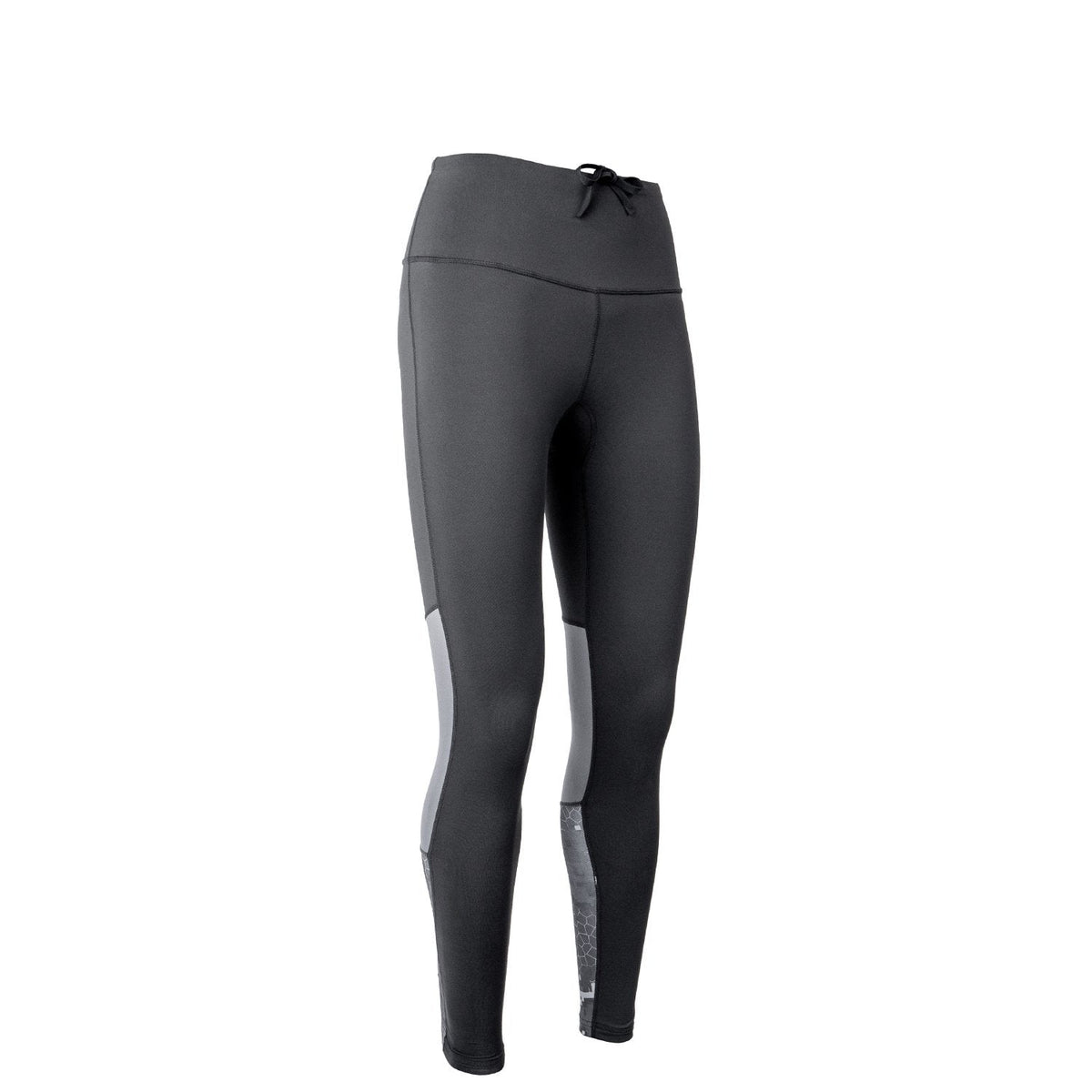 A pair of high-waisted women's leggings with a camouflage pattern and a logo on the upper left thigh. The leggings appear to be designed for outdoor activities in cooler temperatures.