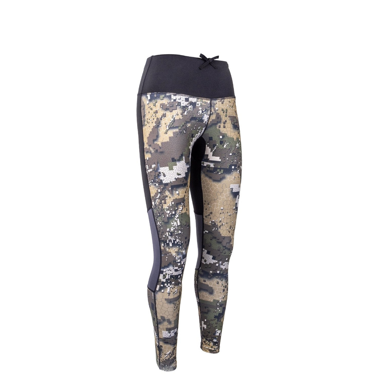 A pair of high-waisted women's leggings with a camouflage pattern and a logo on the upper left thigh. The leggings appear to be designed for outdoor activities in cooler temperatures.