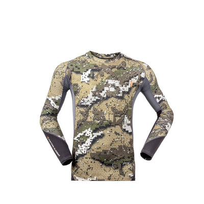 A camouflage patterned long-sleeve base layer top with compression weave and a high collar.