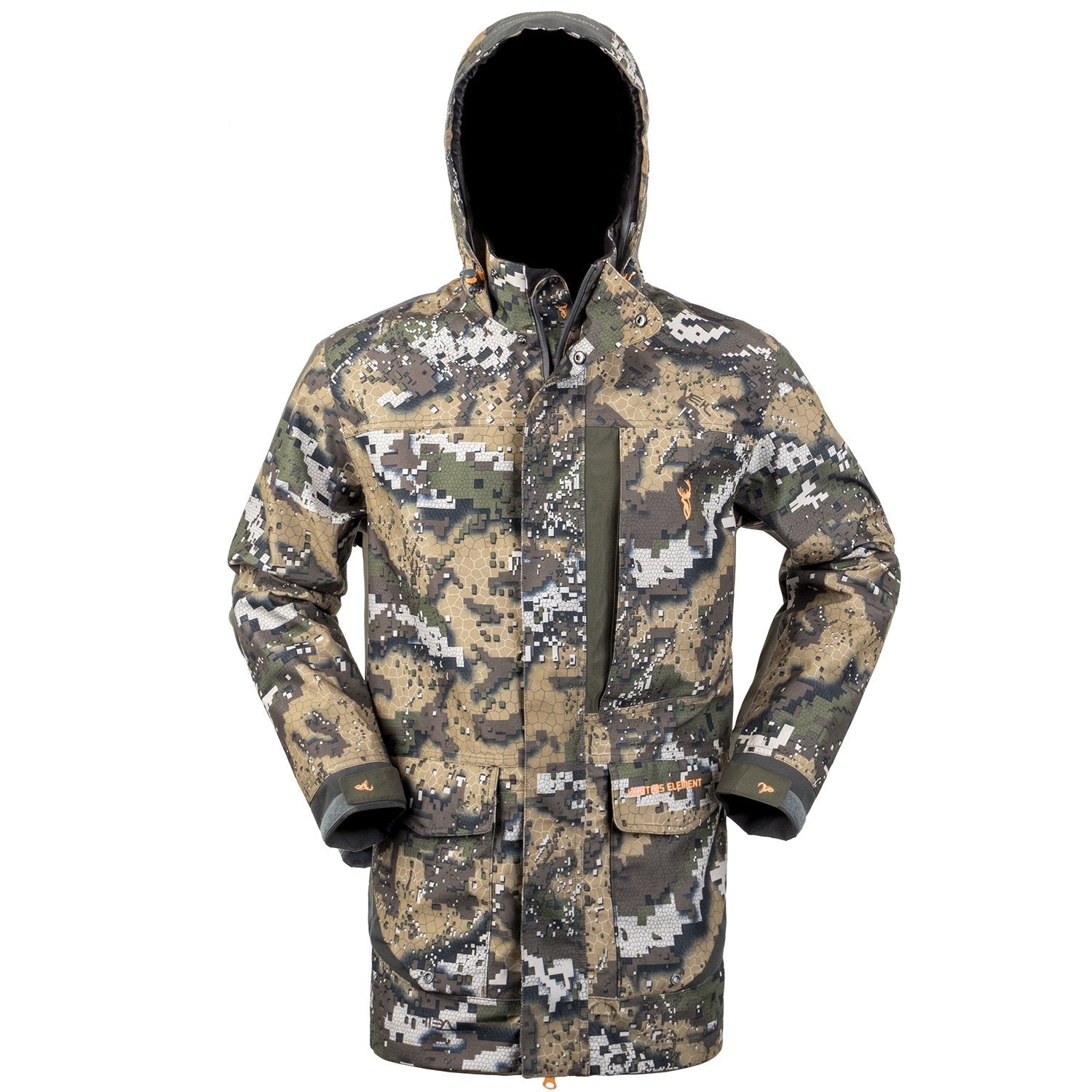 A camouflage hunting jacket with a hood, featuring multiple pockets and a brand tag indicating 54 recycled plastic bottles were used in its making.