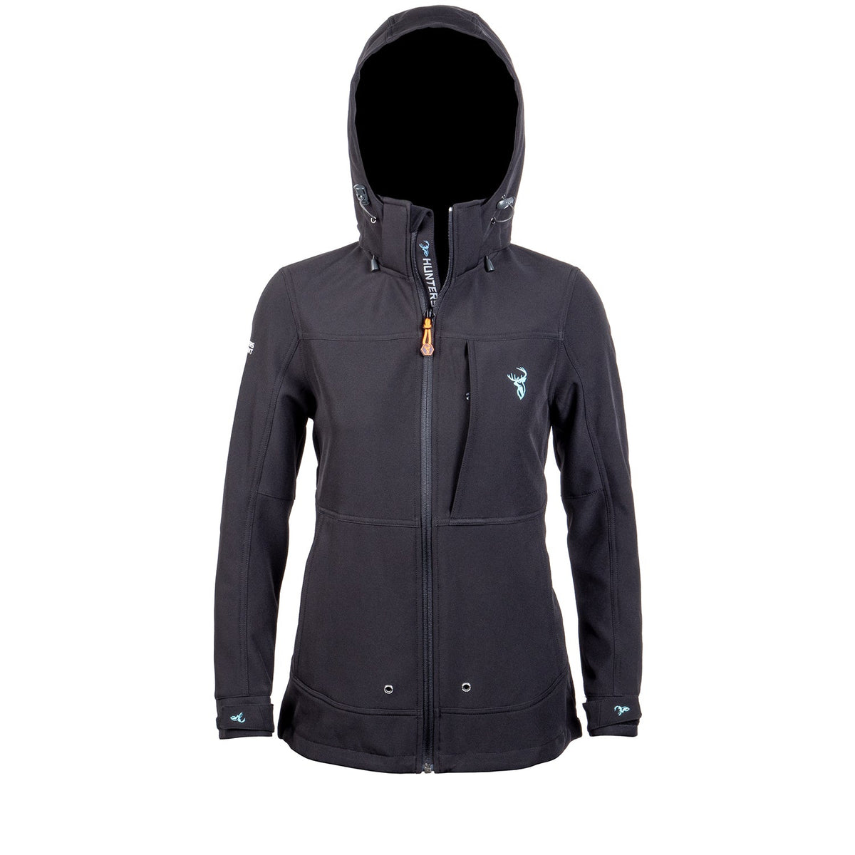 A black women's jacket with a hood, featuring a full-length front zip, chest pocket, adjustable cuffs, and zippered handwarmer pockets. The jacket is made from recycled plastic bottles, as indicated by the graphic in the corner.