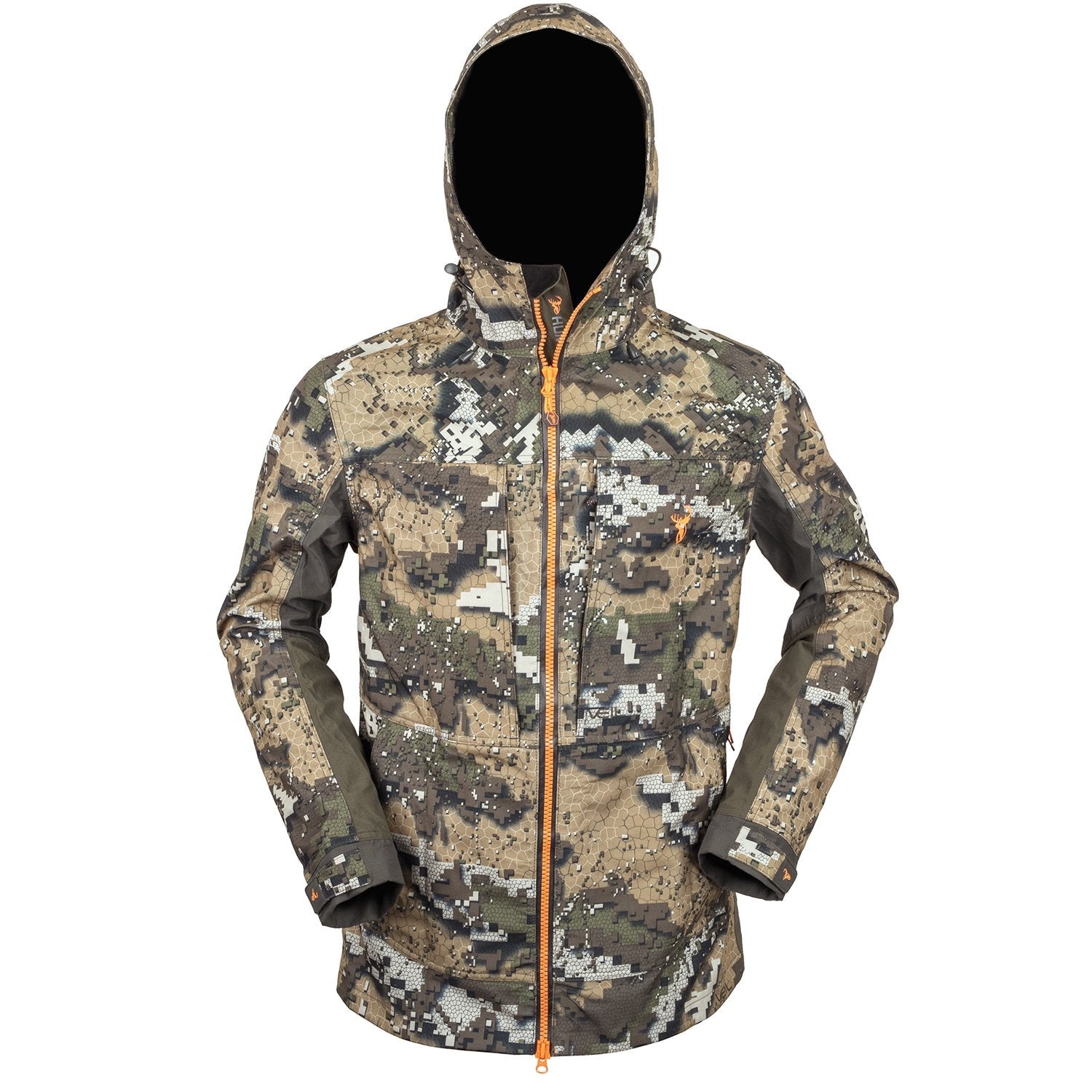 A camouflage hunting jacket with a hood, featuring multiple pockets and an adjustable waistband, designed for tree stand hunting.