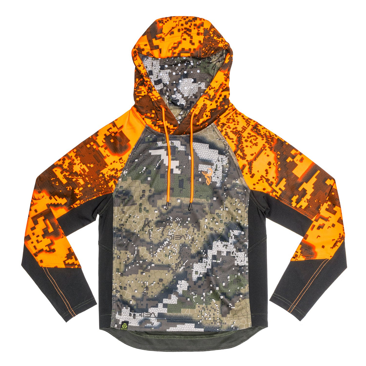 A kid's hoodie with camouflage pattern, long sleeves, and an integrated face veil. The hoodie is made from recycled plastic bottles, as indicated by the graphic in the corner.
