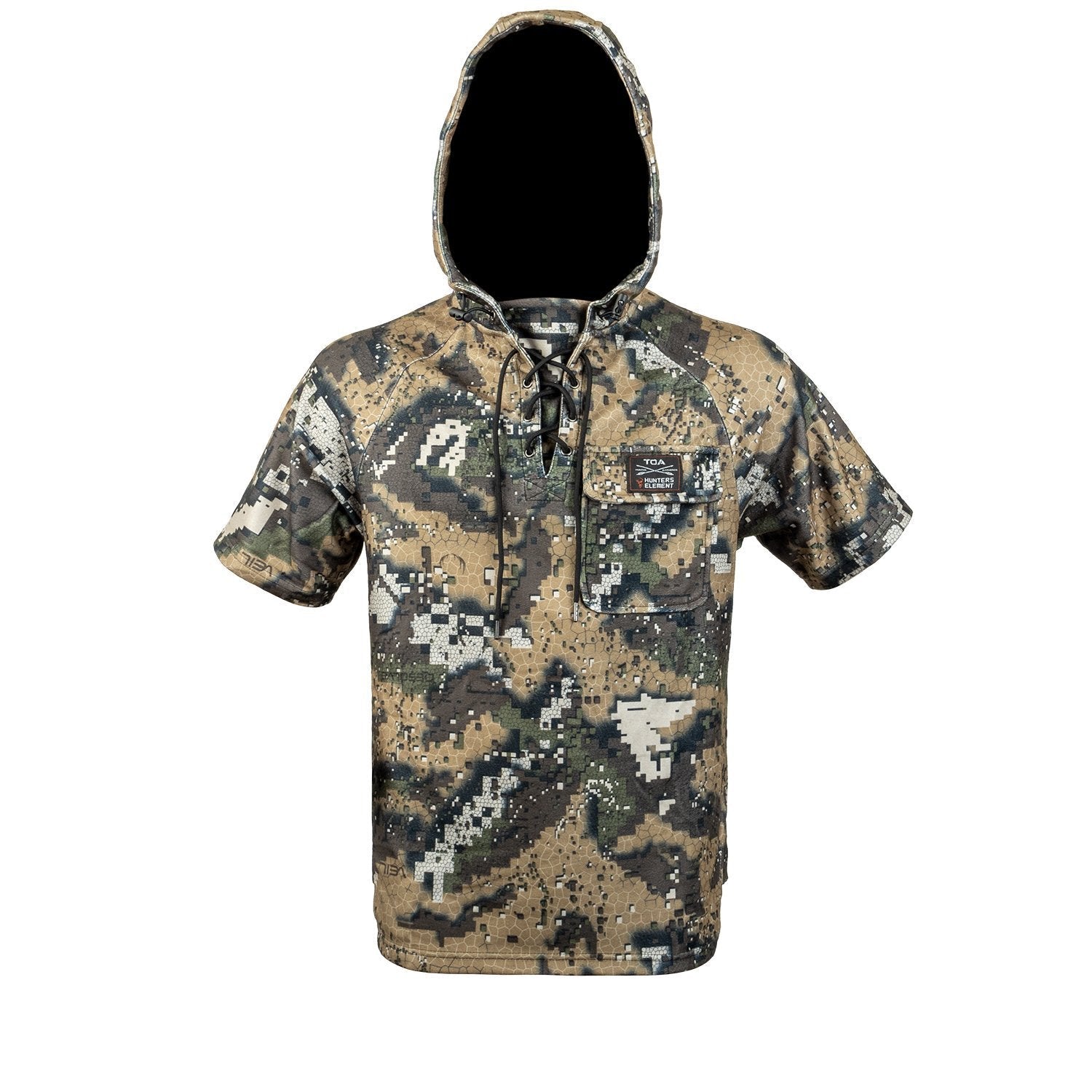 A child's camouflage hoodie with a hood, featuring a traditional laced neck adjustment and a domed chest pocket.