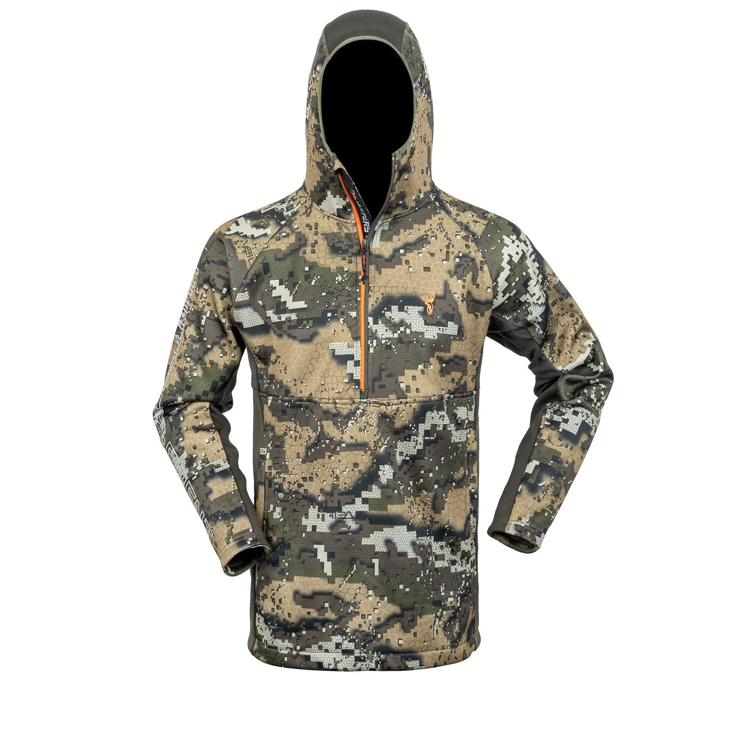 A camouflage patterned hooded jacket with zippered pockets and a high-cut 1/2 front zipper.