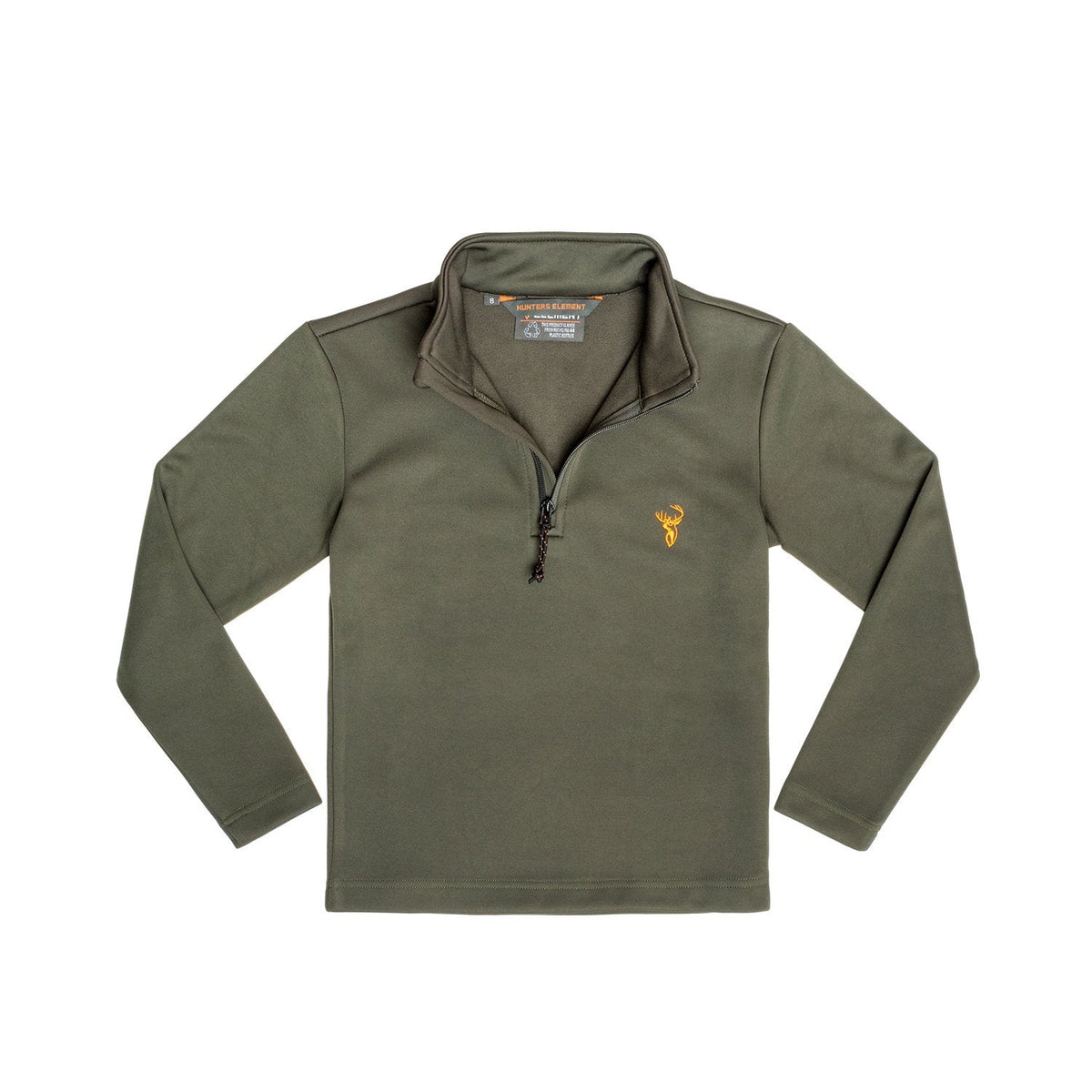 A child's camouflage hunting shirt with a high collar, half zipper, and branding on the chest.