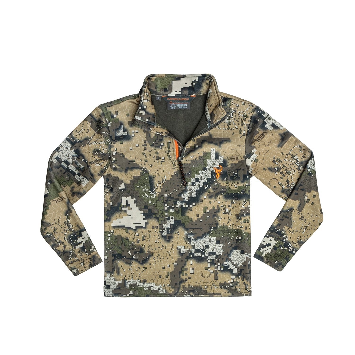 A child's camouflage hunting shirt with a high collar, half zipper, and branding on the chest.
